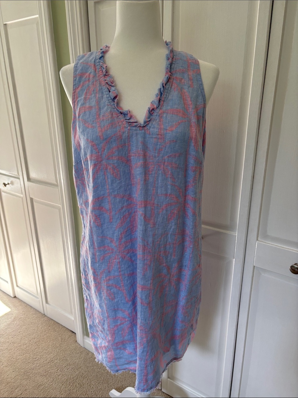 Tommy Bahama Blue and Pink Palm-Print Midi Dress